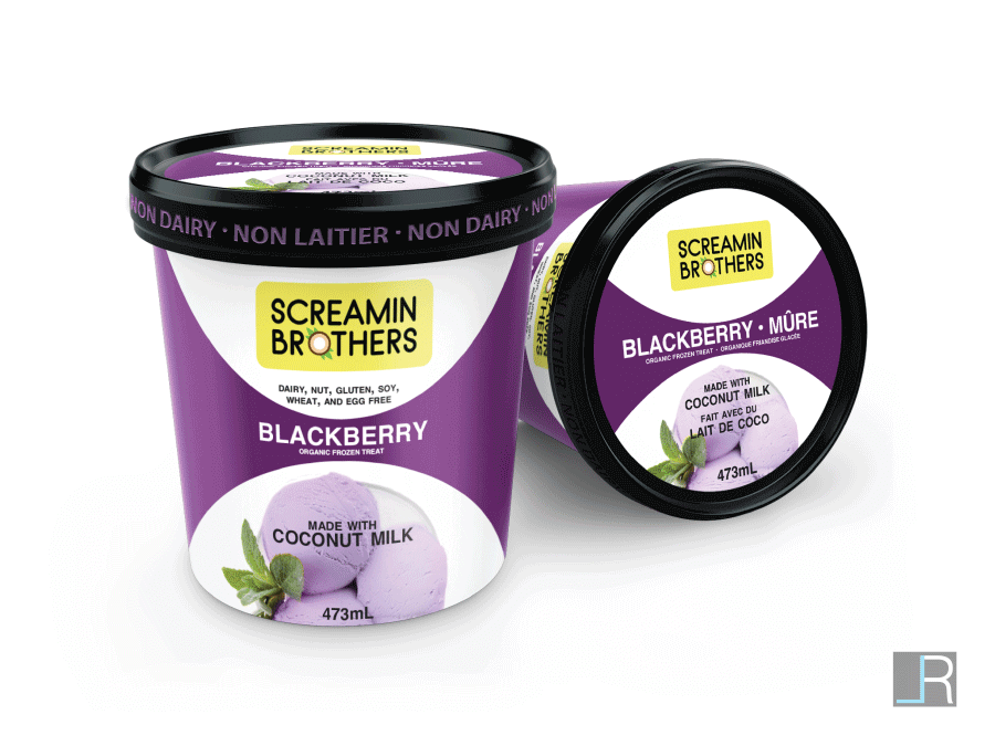 Screamin Brothers Blackberry Flavour Frozen Treat Package (English Front Side): Photo of raspberry frozen treat in a purple theme